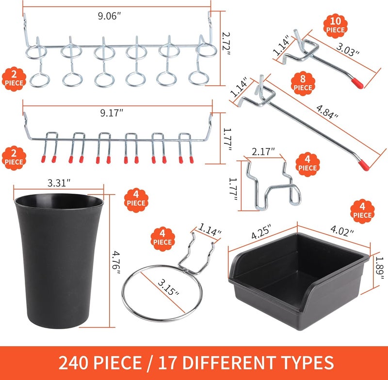 Falpro 240PCS Pegboard Hooks Assortment, Pegboard Organizer Kit with Bins, Cups, 1/8 and 1/4 inch Hooks for Hanging Tools, Garage Wall Organization - Image 3